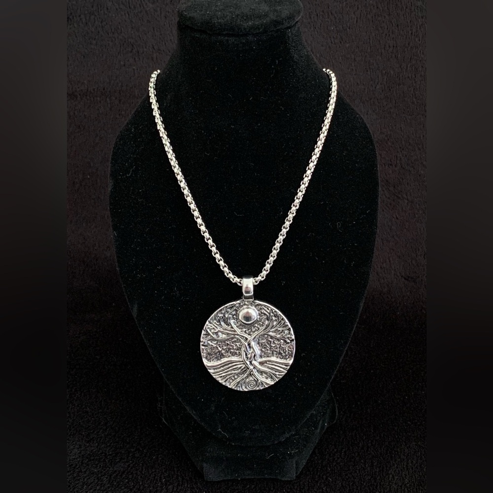 Silver metal chain and pendant Necklace Tree with Moon double sided pendant
